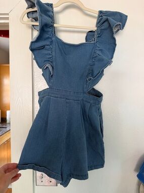 Blue Denim Ruffle-Strap Romper